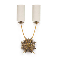 Louis Sconce with ornate birch wood body, antique brass hardware, and two linen shades.