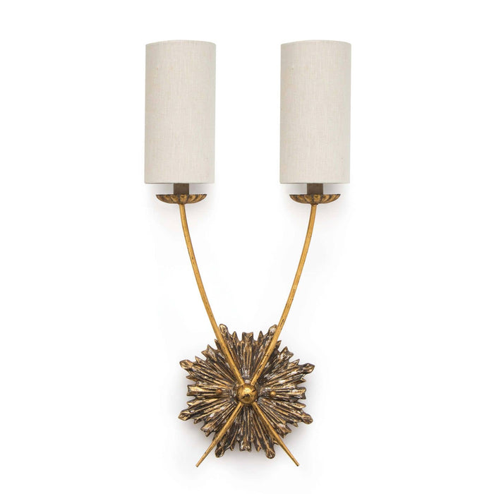 Louis Sconce with ornate birch wood body, antique brass hardware, and two linen shades.