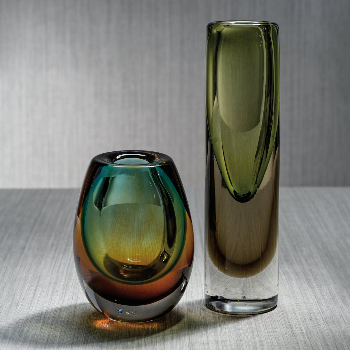 Luarca Amber & Green Artistry Cylinder Glass Vase - Vase Side View | Bone & Brass