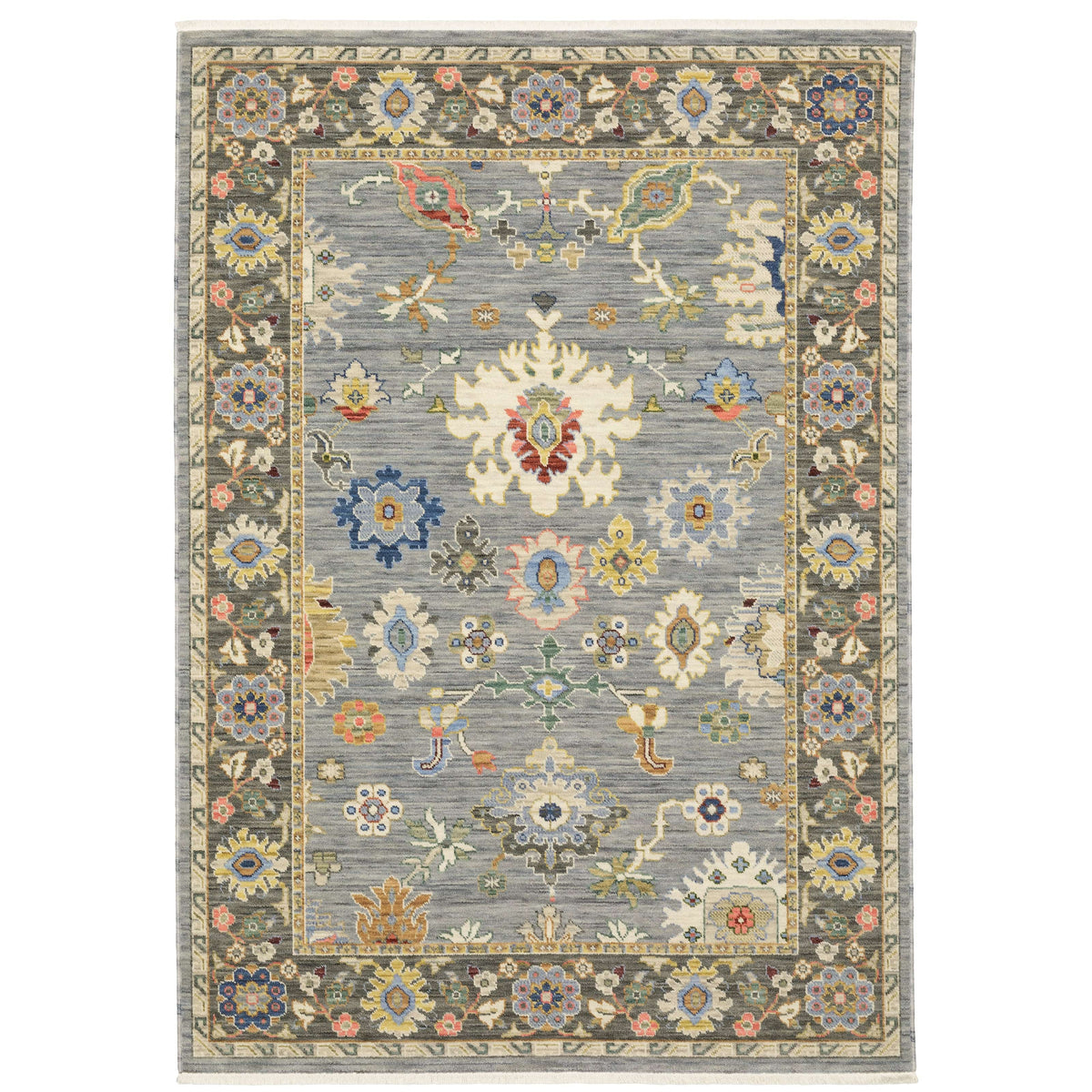 Lucca Blue & Multi Traditional Rug with cross-woven wool/nylon, featuring vibrant floral patterns and a gray base.