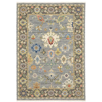 Lucca Blue & Multi Traditional Rug with cross-woven wool/nylon, featuring vibrant floral patterns and a gray base.