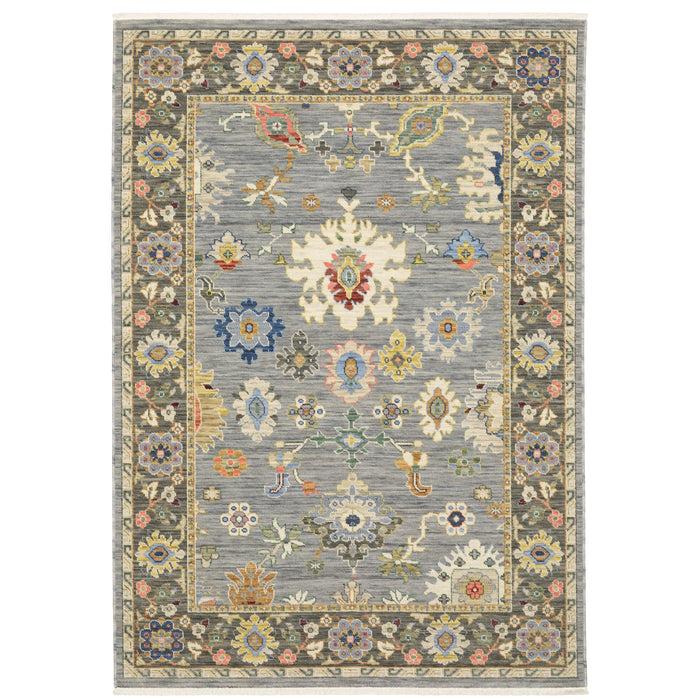 Lucca Blue & Multi Traditional Rug with cross-woven wool/nylon, featuring vibrant floral patterns and a gray base.