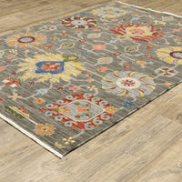Lucca Charcoal & Multi Traditional Rug with vibrant floral patterns on a gray wool/nylon blend.
