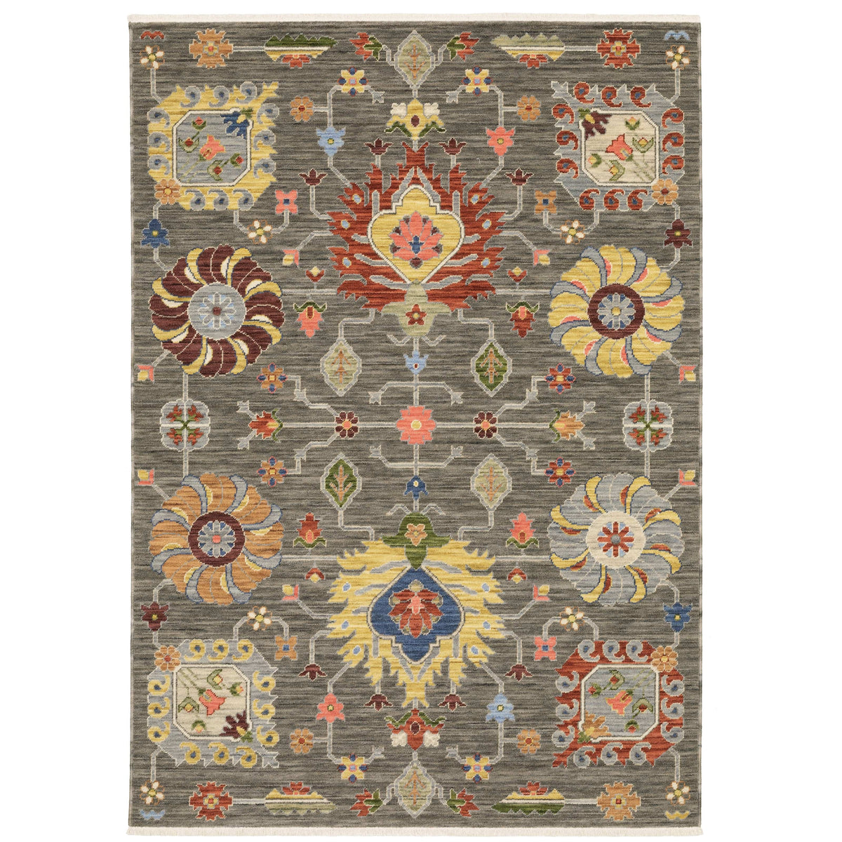 Lucca Charcoal & Multi Traditional Rug with intricate floral patterns in vibrant space-dyed wool and nylon.