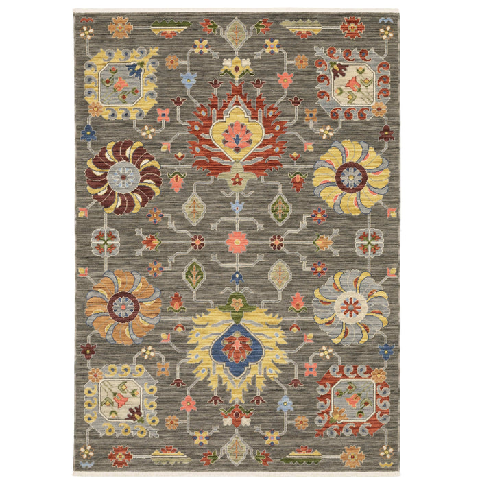 Lucca Charcoal & Multi Traditional Rug with intricate floral patterns in vibrant space-dyed wool and nylon.