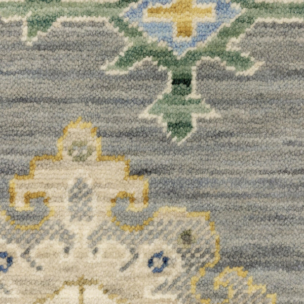 Close-up of Lucca Grey & Multi Floral Traditional Rug, showing wool/nylon texture and intricate floral patterns.