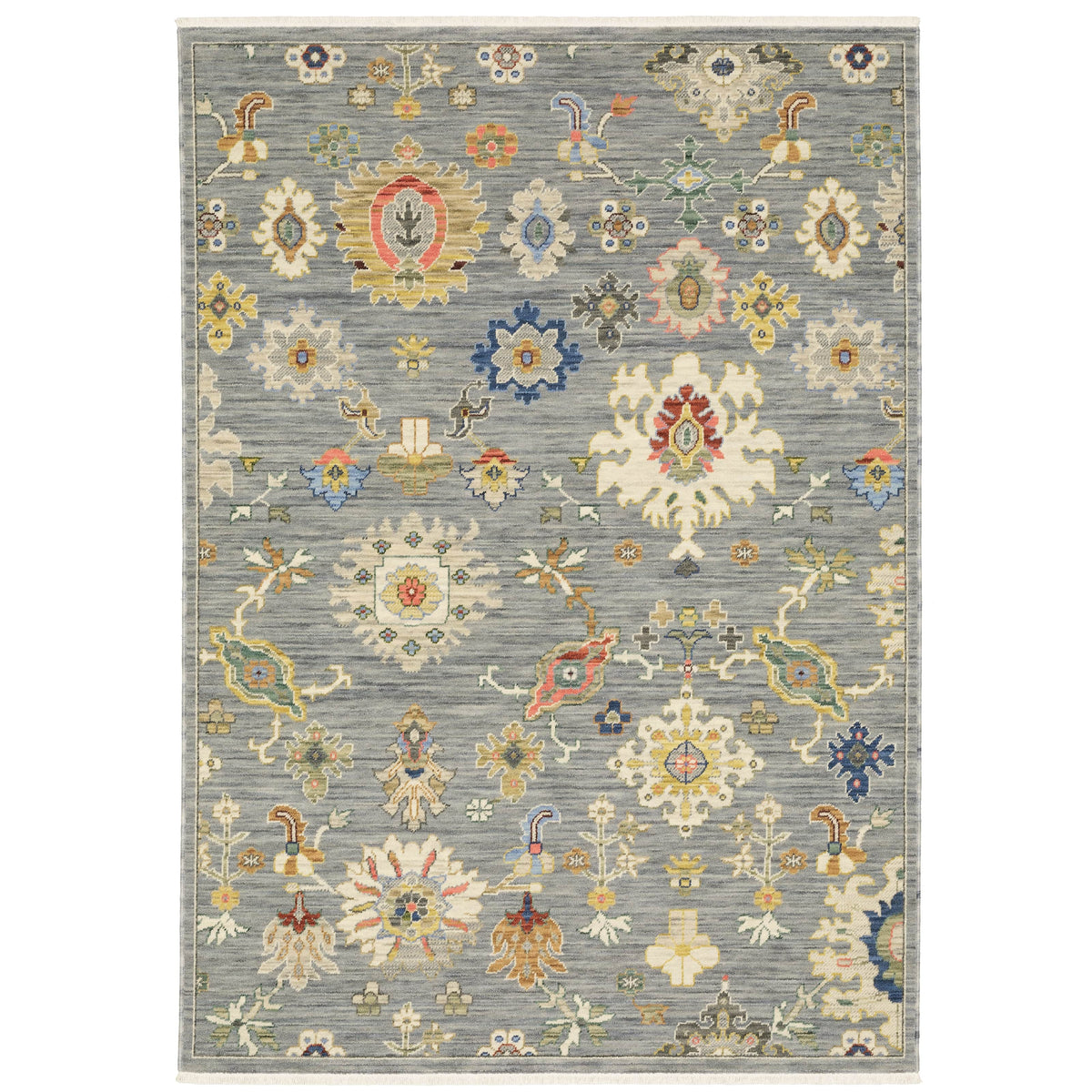 Lucca Grey & Multi Floral Traditional Rug with intricate cross-woven wool/nylon design.