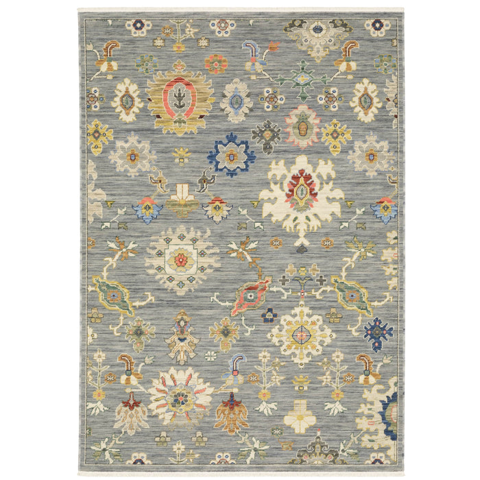 Lucca Grey & Multi Floral Traditional Rug with intricate cross-woven wool/nylon design.