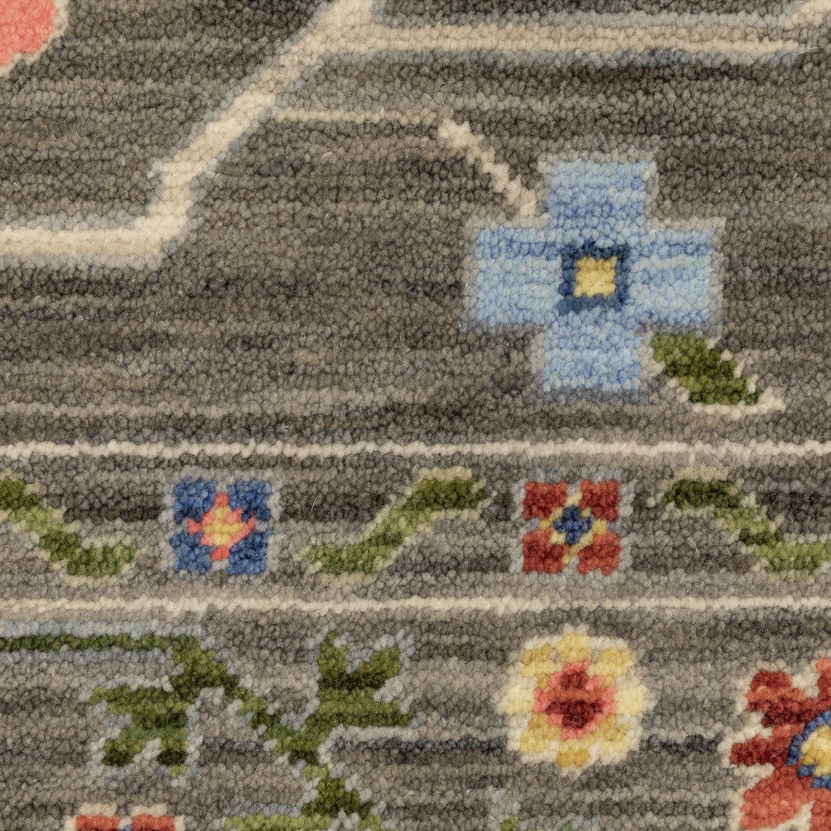 Close-up of Lucca Grey & Multi Traditional Rug, showing cross-woven wool/nylon with floral patterns.