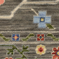 Close-up of Lucca Grey & Multi Traditional Rug, showing cross-woven wool/nylon with floral patterns.