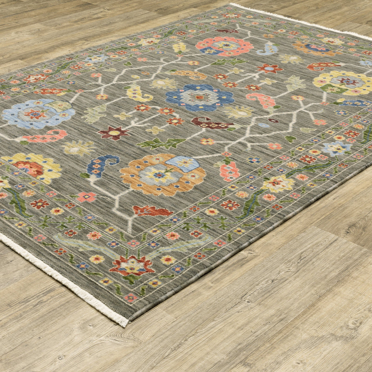 Lucca Grey & Multi Traditional Rug with vibrant floral patterns on a space-dyed wool/nylon blend.