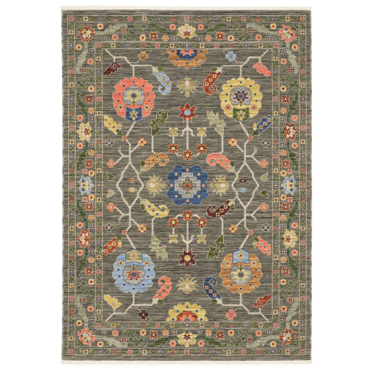 Lucca Grey & Multi Traditional Rug with vibrant floral patterns on a dark grey wool/nylon base.
