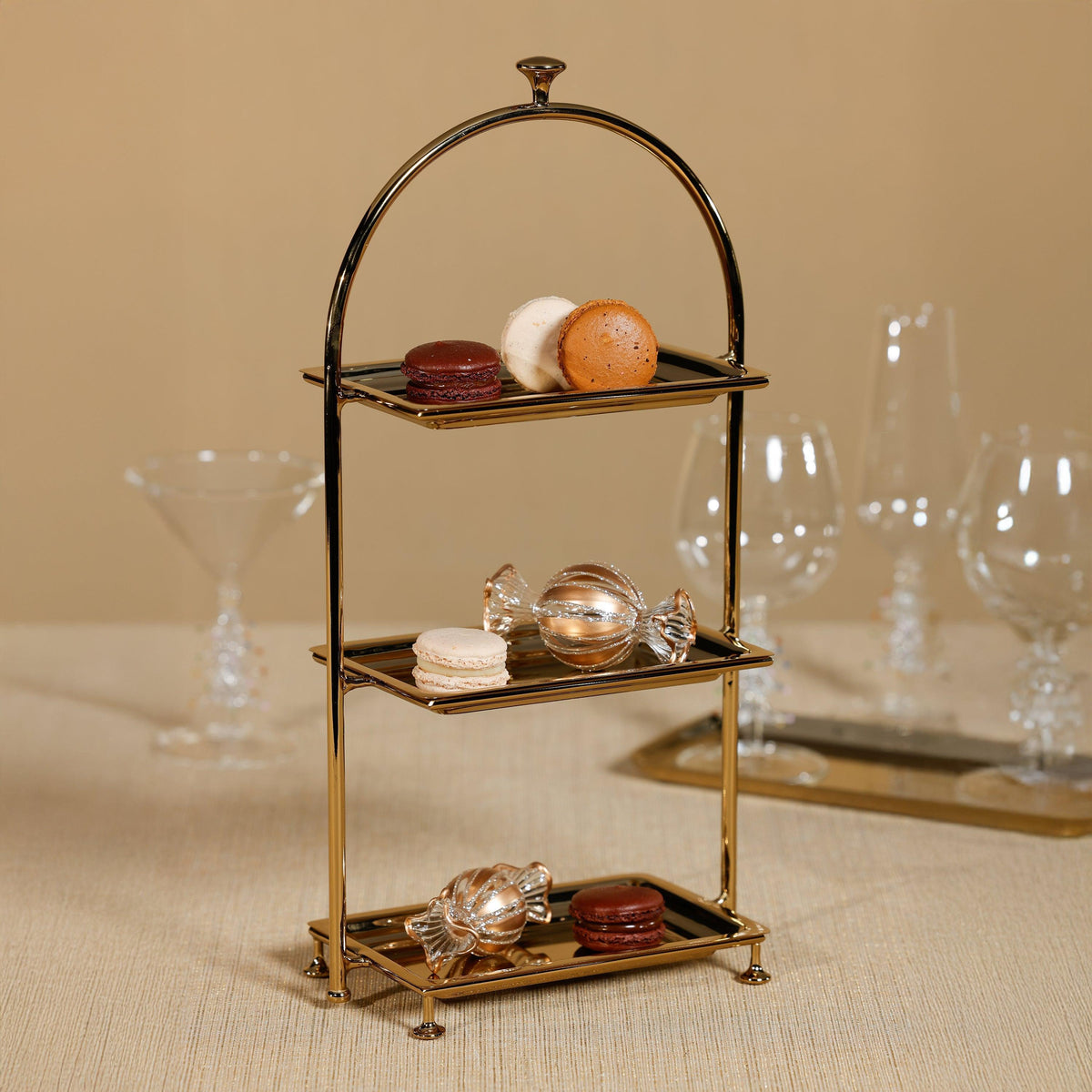 Lucente High Tea Polished Gold 3-Tier Serving Stand - Tray Detail | Bone & Brass