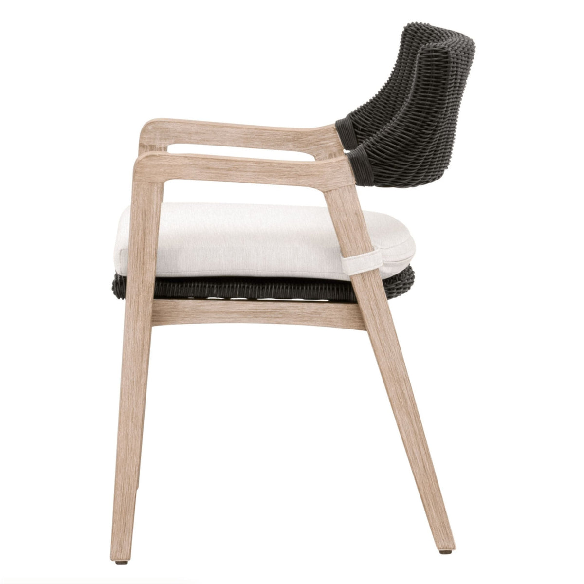 Lucille Black Rattan Dining Arm Chair with natural gray mahogany frame and white upholstered cushion.