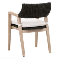 Lucille Black Rattan Dining Arm Chair with natural gray mahogany frame and white cushion.