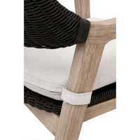 Lucille Black Rattan Dining Arm Chair with natural gray mahogany frame and white speckle cushion.