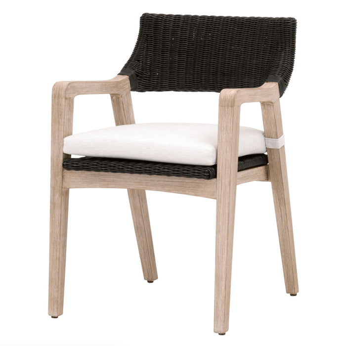 Lucille Black Rattan Dining Arm Chair with natural gray mahogany frame and white upholstered cushion.