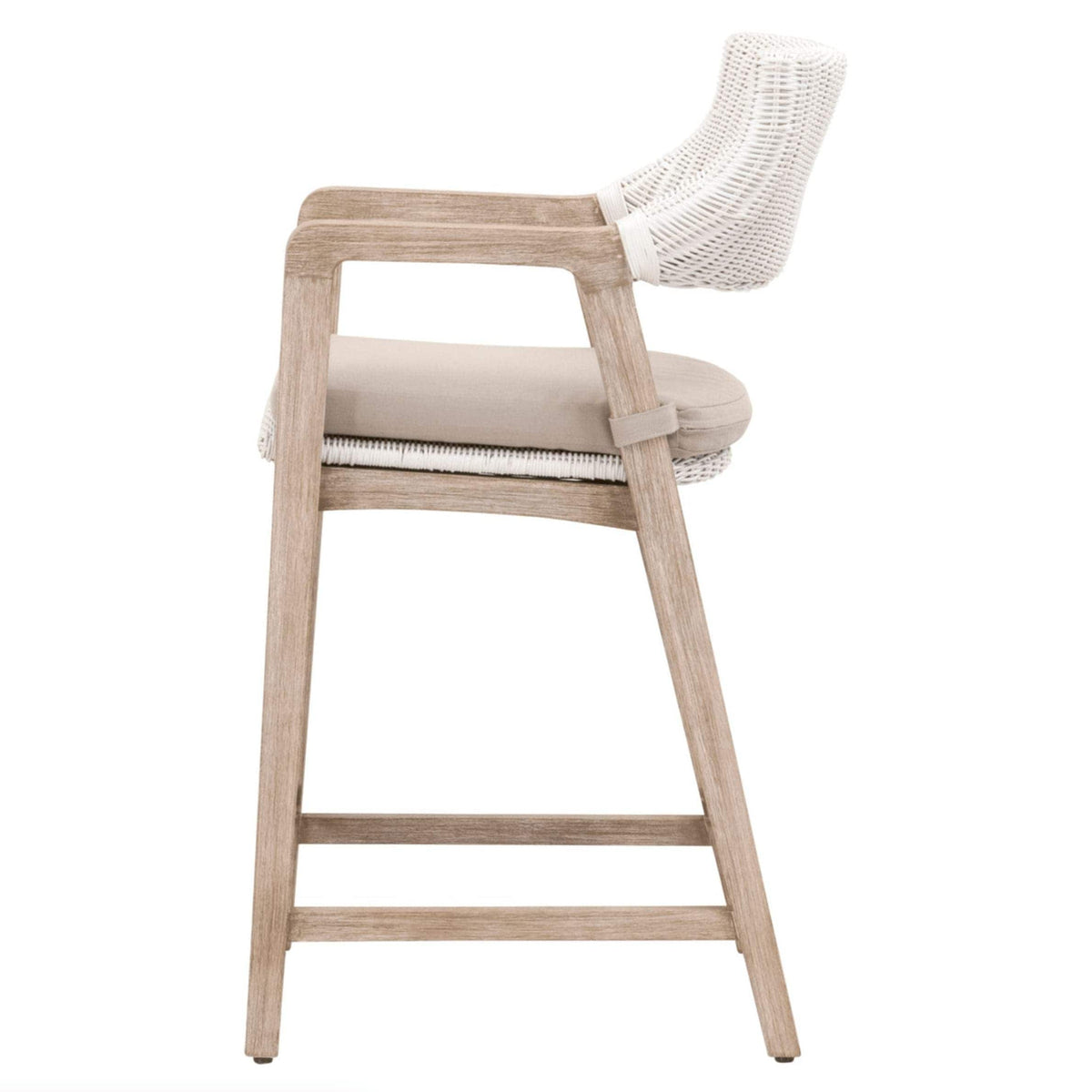 Lucille White Rattan Counter Stool with woven back, upholstered cushion, and solid mahogany wood frame.
