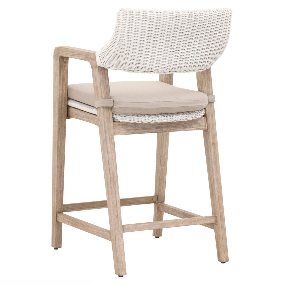 Lucille white rattan counter stool with a beige cushion and light mahogany wood frame.