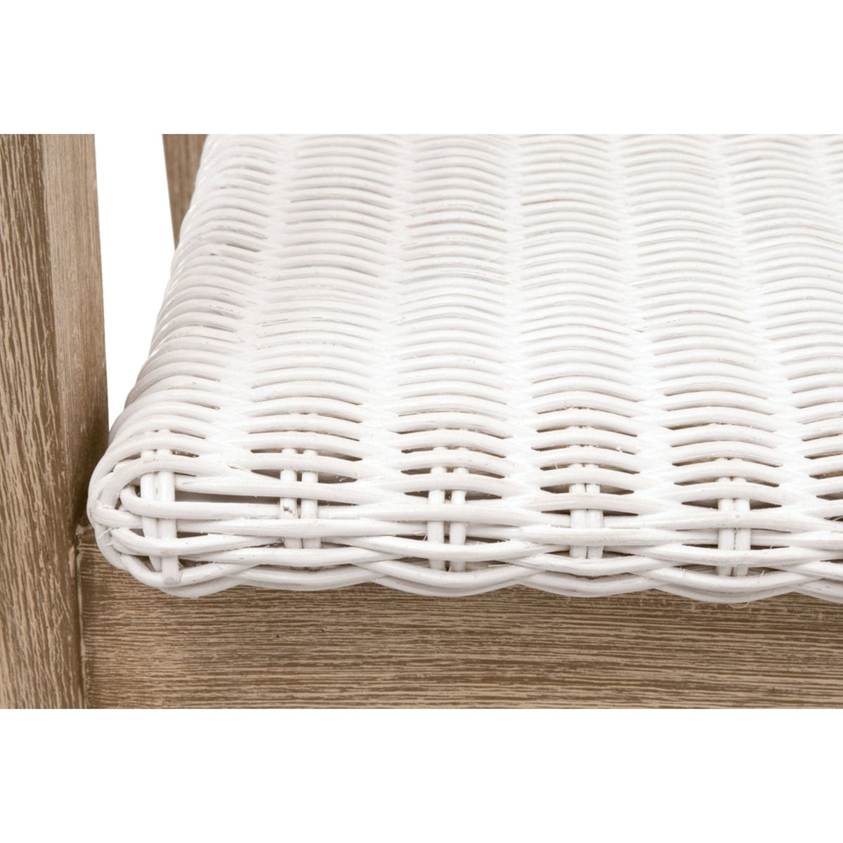 Close-up of a white woven rattan counter stool seat with a natural wood frame.