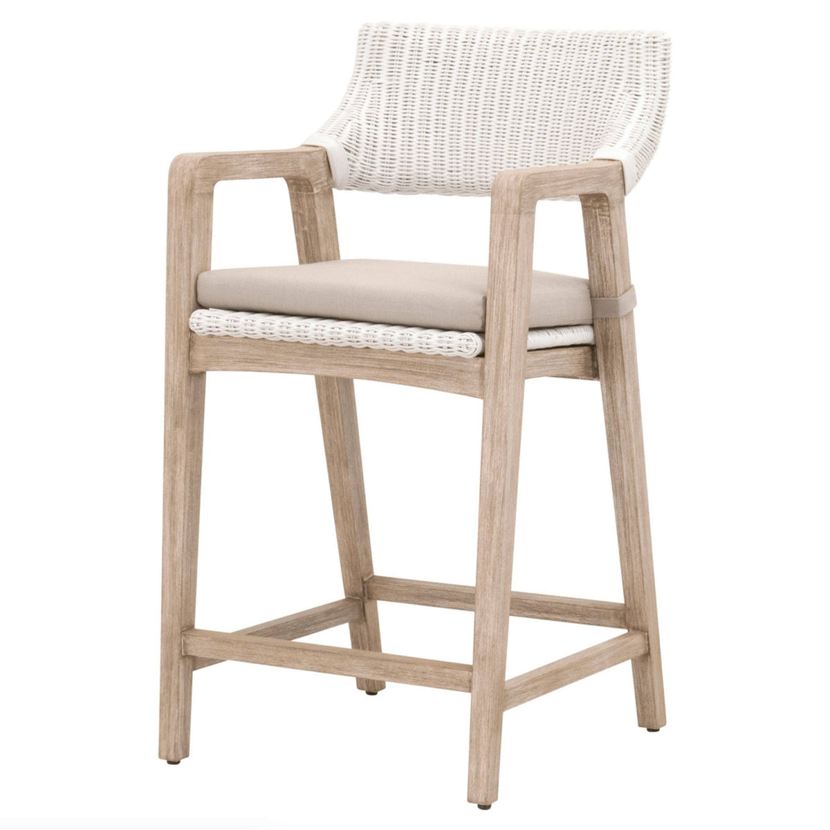 Lucille White Rattan Counter Stool with woven back, upholstered cushion, and solid mahogany wood frame.