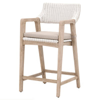 Lucille White Rattan Counter Stool with woven back, upholstered cushion, and solid mahogany wood frame.
