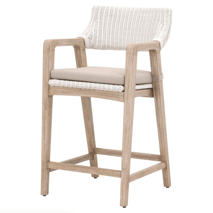 Lucille White Rattan Counter Stool with woven back, upholstered cushion, and solid mahogany wood frame.