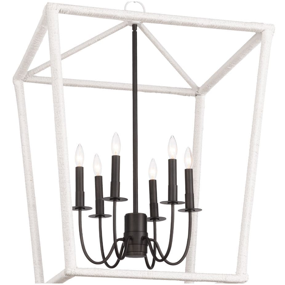 Large Luella lantern with textured white frame and elegant blackened brass candelabra lighting.