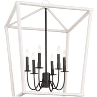 Large Luella lantern with textured white frame and elegant blackened brass candelabra lighting.