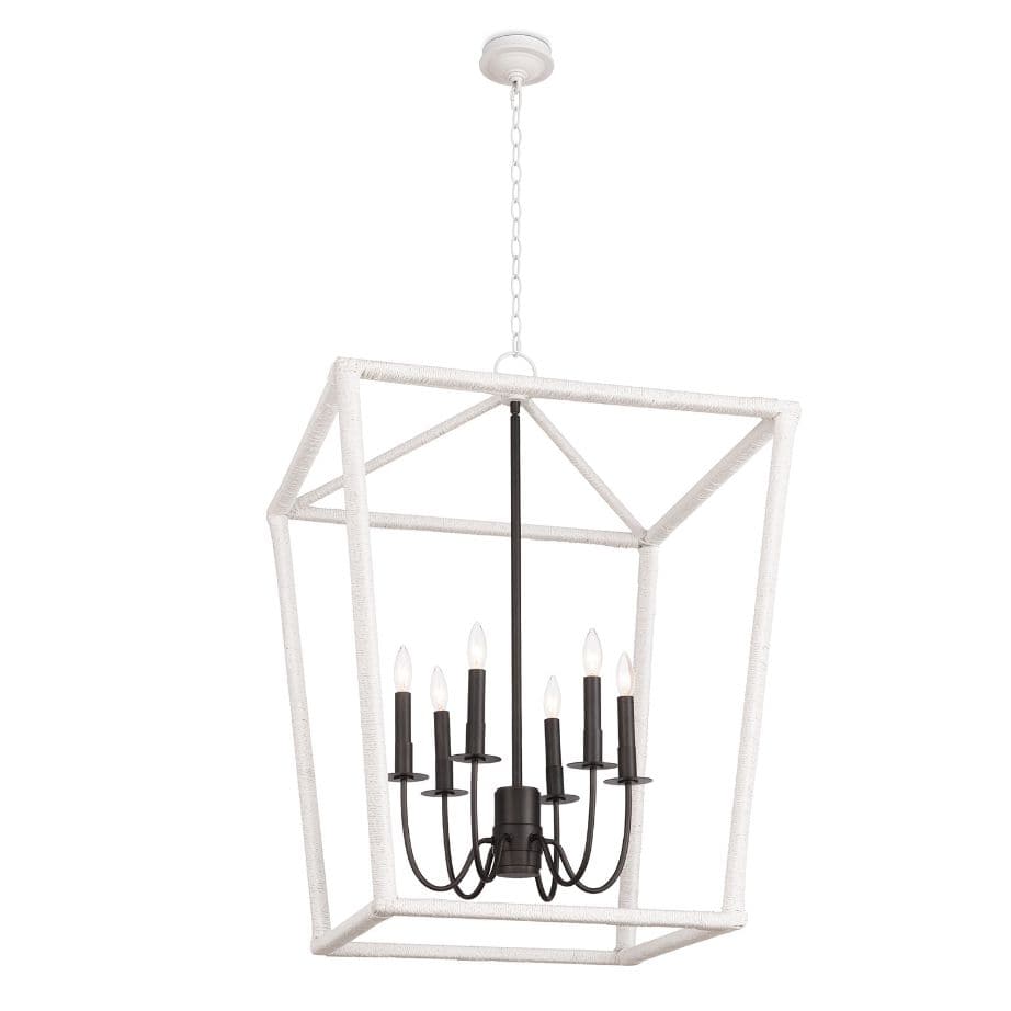 Large Luella lantern with textured white frame and elegant blackened brass candelabra lighting.