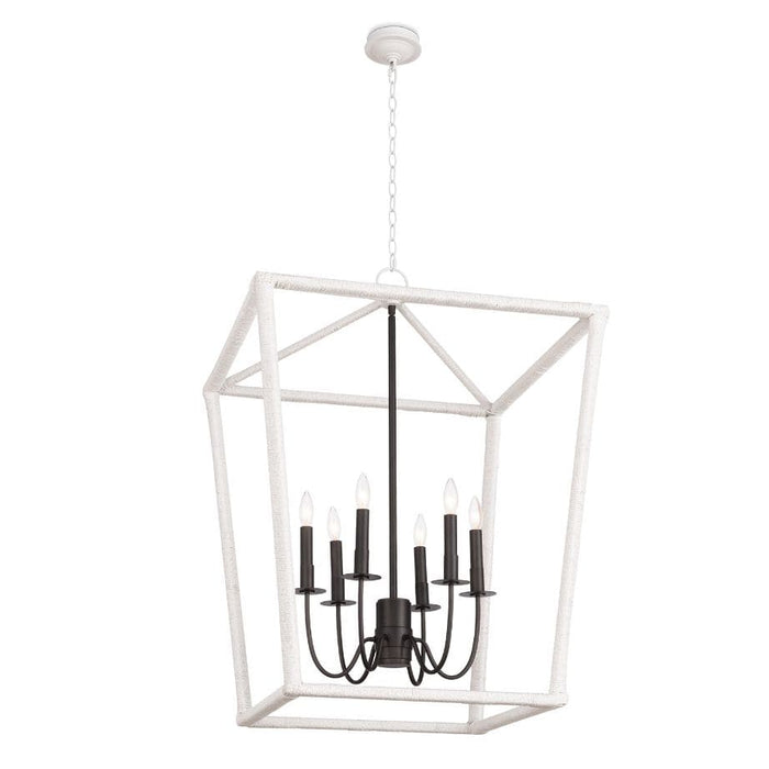 Large Luella lantern with textured white frame and elegant blackened brass candelabra lighting.
