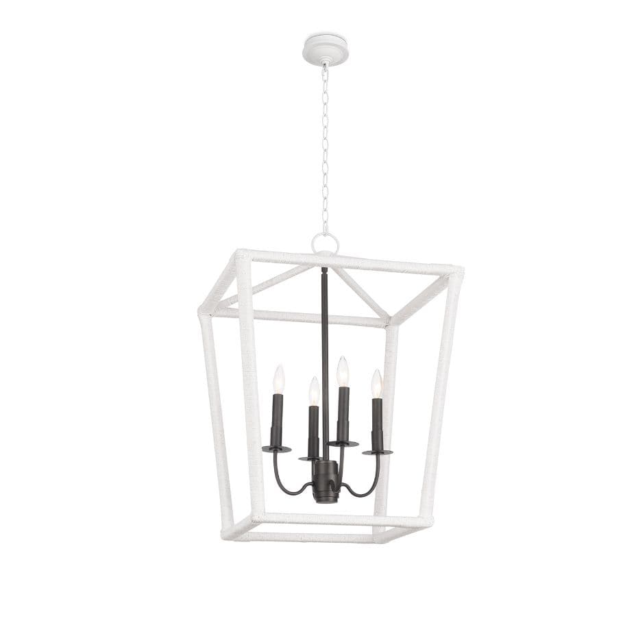 Luella Medium Lantern: white textured frame, blackened brass candelabra lighting, modern foyer pendant.