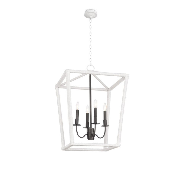 Luella Medium Lantern: white textured frame, blackened brass candelabra lighting, modern foyer pendant.