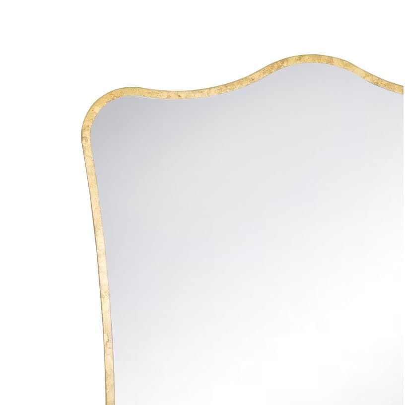 Lyrical mirror with radiant, distressed gold edging and a unique wavy top design.