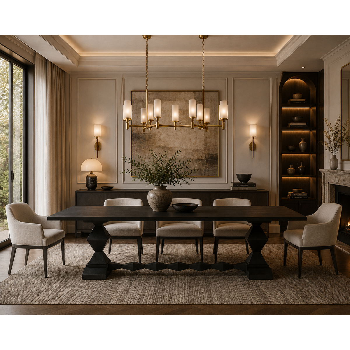 Madeira hand-carved solid mahogany dining table in hand-rubbed black finish, with chairs in a formal dining room.