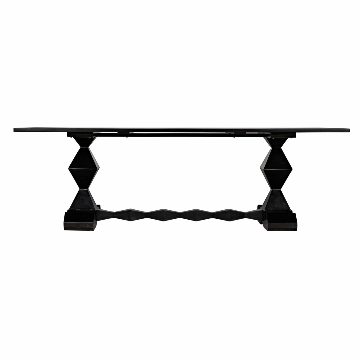 Madeira hand-carved solid mahogany dining table with hand-rubbed black finish and geometric base.