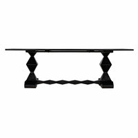 Madeira hand-carved solid mahogany dining table with hand-rubbed black finish and geometric base.