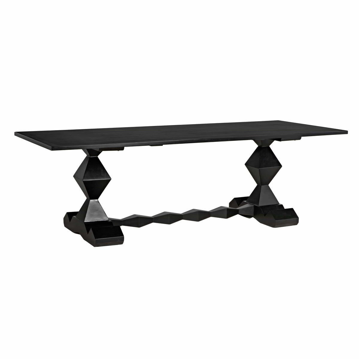 Madeira hand-rubbed black mahogany dining table with geometric pedestal bases.