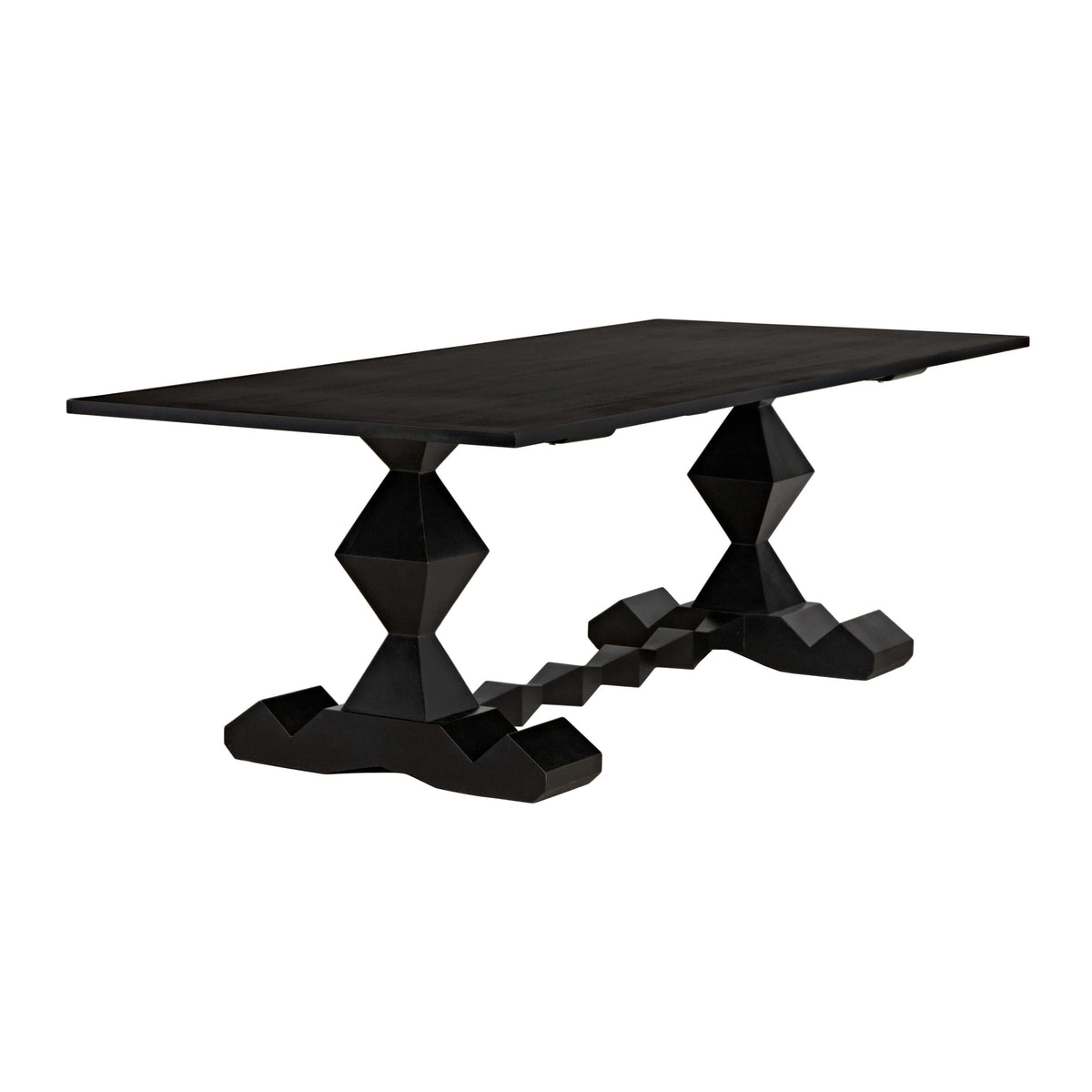 Hand-carved solid mahogany Madeira dining table with a hand-rubbed black finish and geometric pedestal bases.