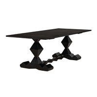 Hand-carved solid mahogany Madeira dining table with a hand-rubbed black finish and geometric pedestal bases.
