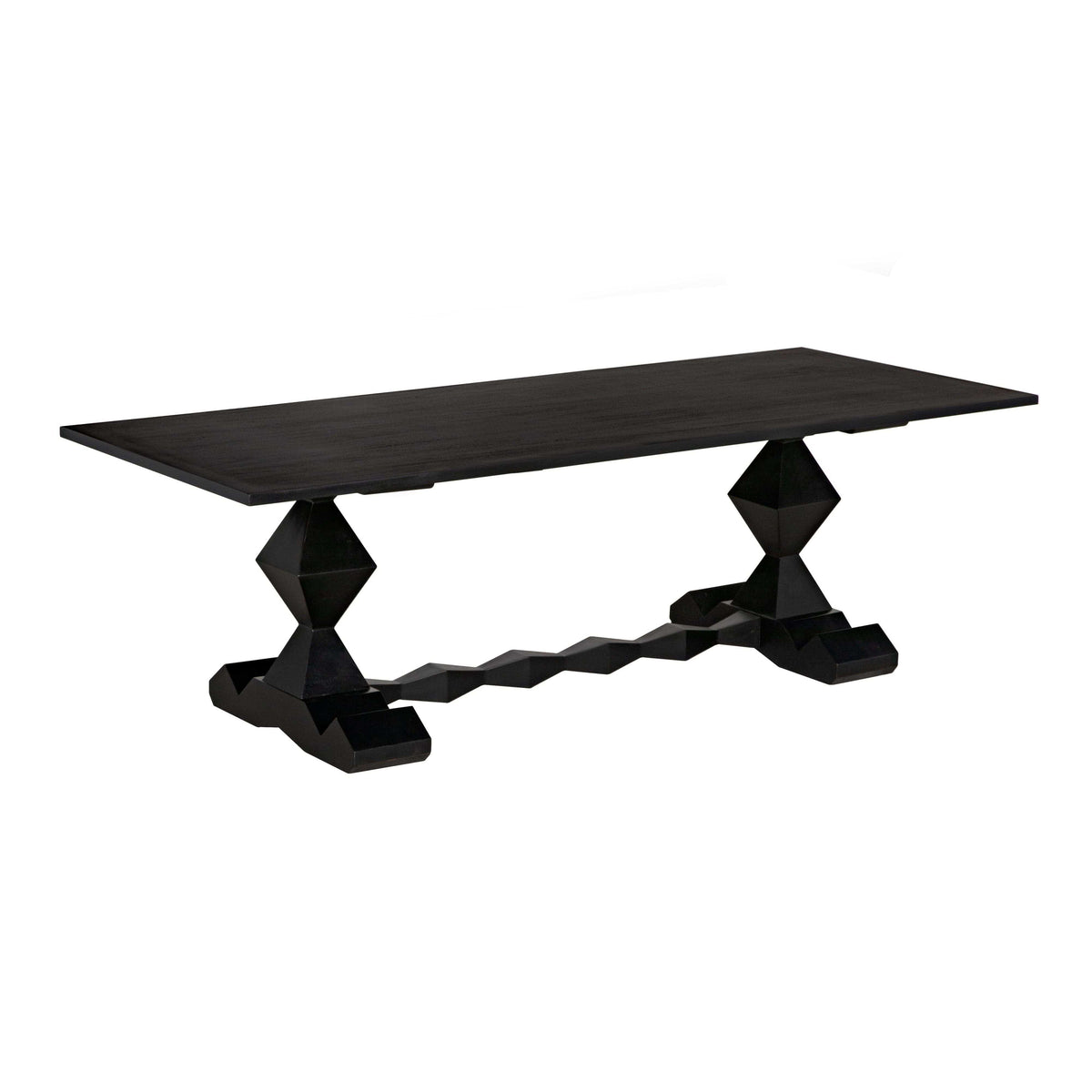 Madeira hand-carved solid mahogany dining table with a hand-rubbed black finish and unique geometric base.