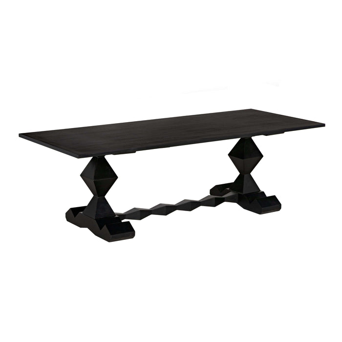 Madeira hand-carved solid mahogany dining table with a hand-rubbed black finish and unique geometric base.