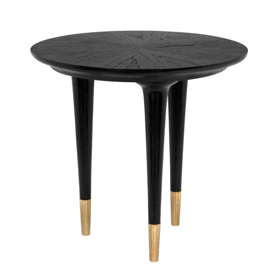 Round charcoal black sungkai wood side table with brass cap legs, modern and timeless design.