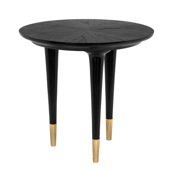 Round charcoal black sungkai wood side table with brass cap legs, modern and timeless design.