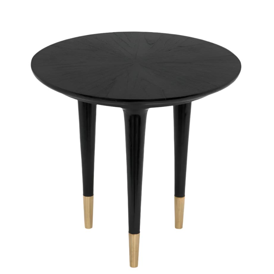 Round charcoal black sungkai wood side table with brass cap legs, modern design.