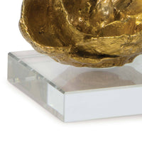 Gold leaf magnolia bloom objet on a clear crystal base, 5" tall, modern glam style.