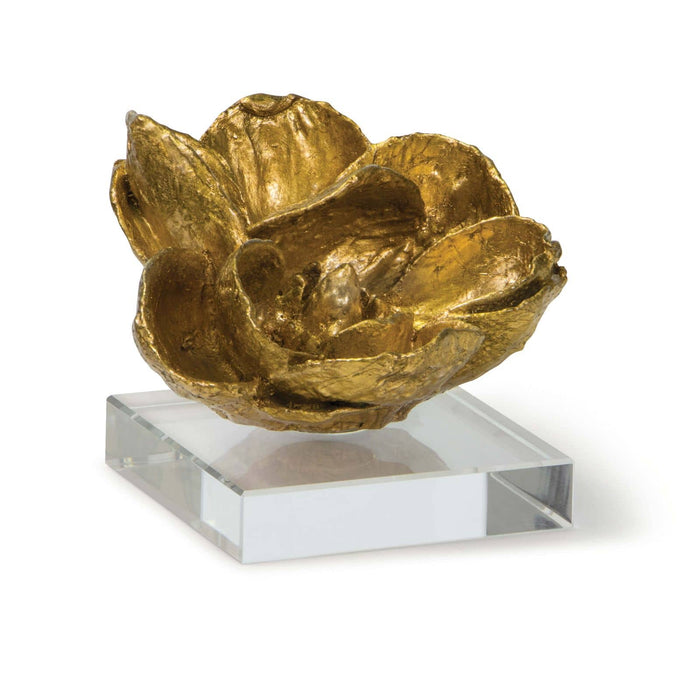 Gold leaf magnolia bloom objet on a clear crystal base, 5" tall, modern glam style.