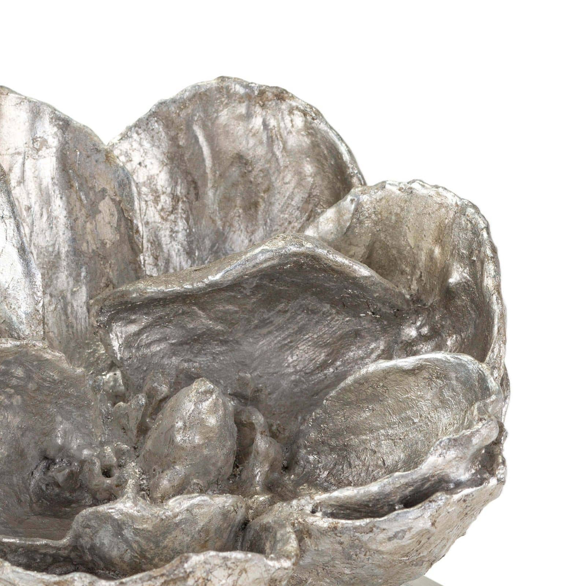 Silver leaf magnolia bloom objet on a crystal base, 5" tall, modern glam style.