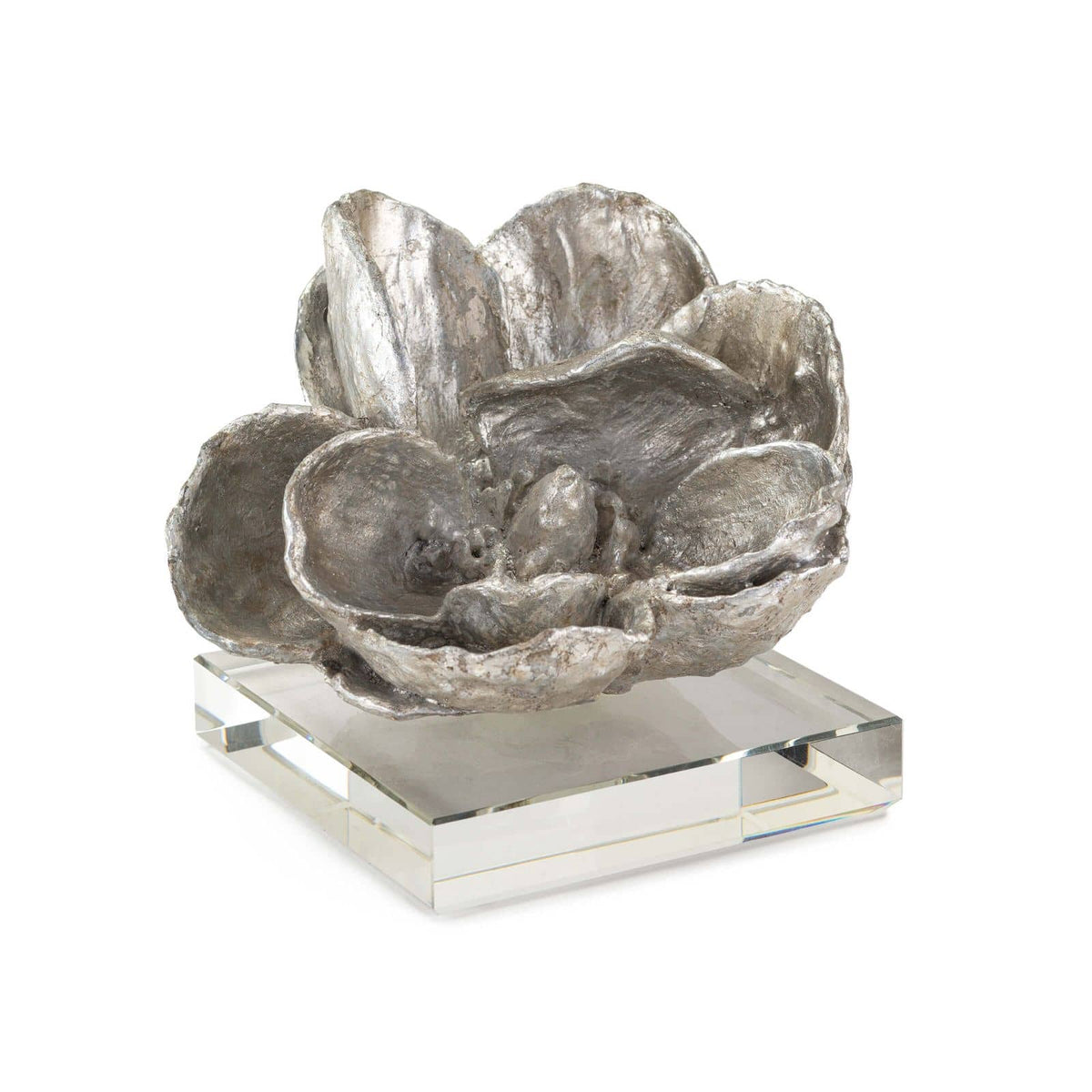 Silver leaf magnolia bloom sculpture on a clear crystal base, 5" tall.
