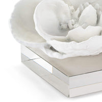 White magnolia bloom sculpture on a clear crystal base, 5" tall, modern glam style.